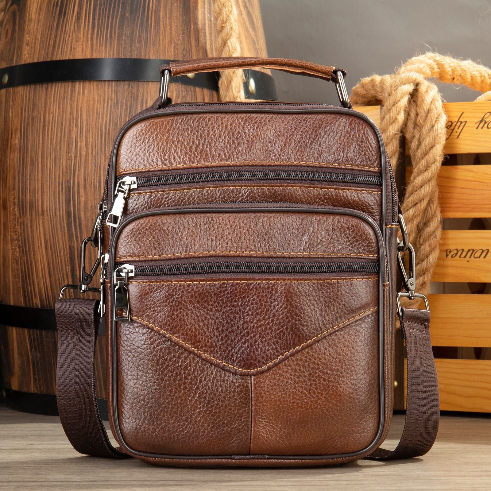 Men's Top Grain Leather Large Capacity Business Commuter Crossbody Bag Genuine Leather
