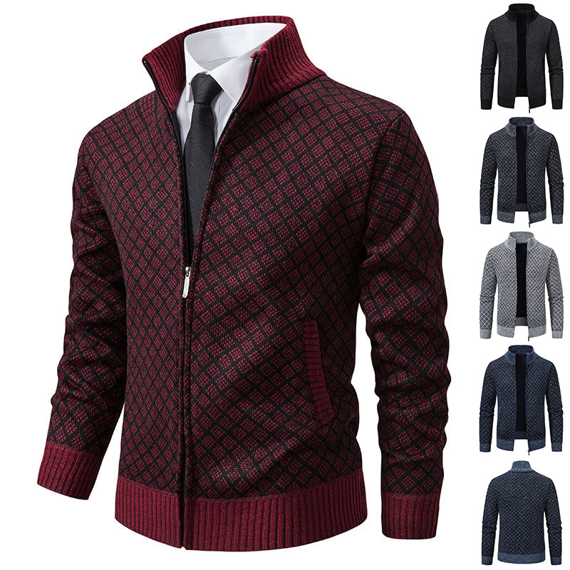 Men's Plaid Knit Cardigan - Thickened Winter Sweater with Zipper
