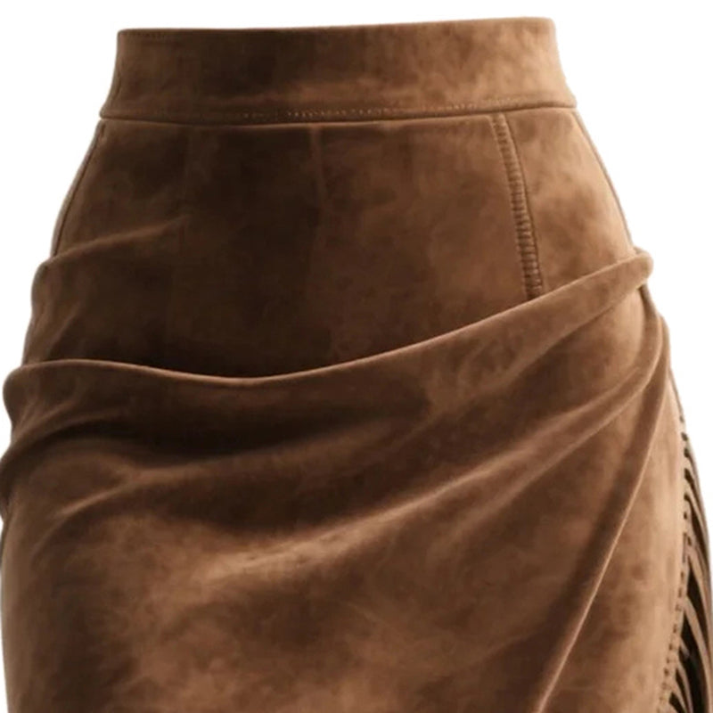 Women's Retro Western Fringe Skirt, Suede-Look Asymmetrical Hem Maxi Skirt For Vacation And Daily Wear