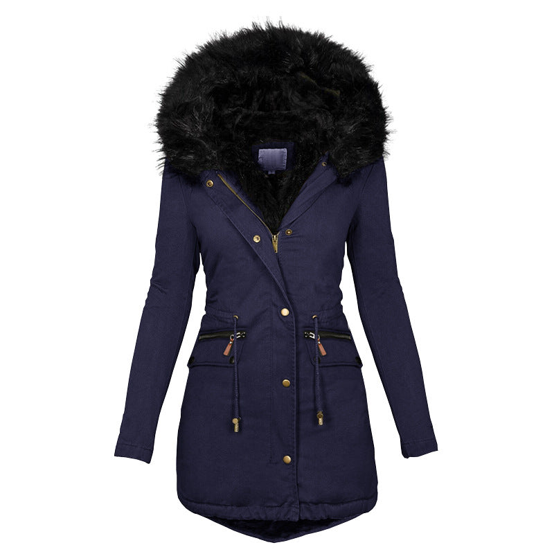 Women's Plush Hooded Parka - Winter Warm Zip-Up Coat with Pockets
