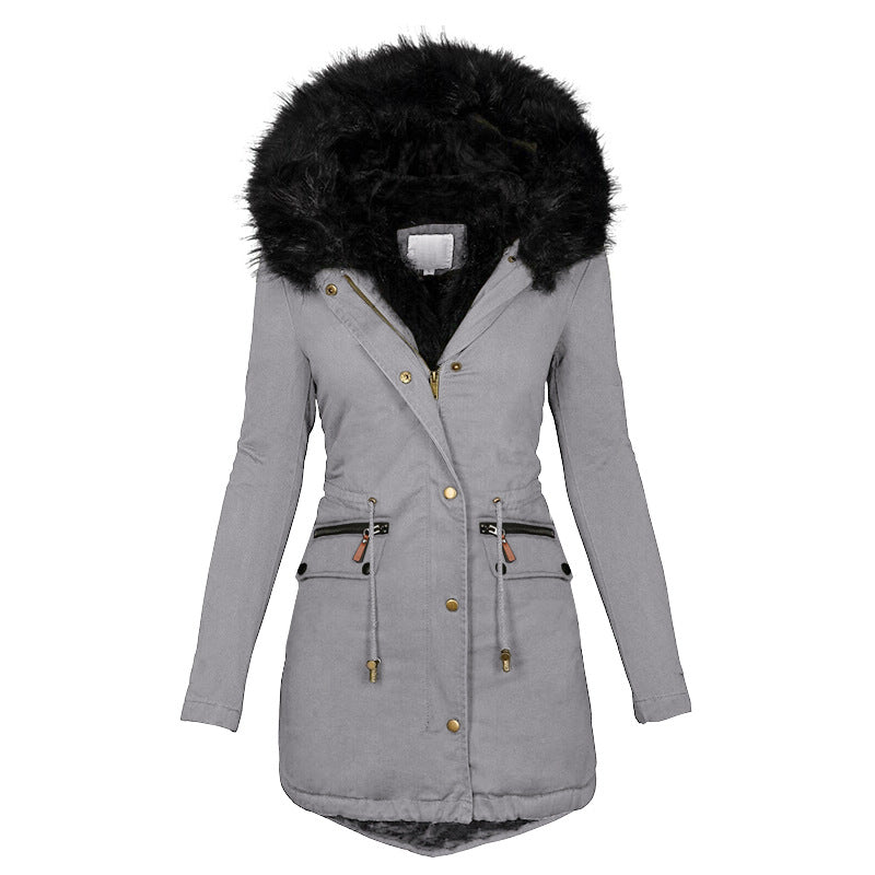 Women's Plush Hooded Parka - Winter Warm Zip-Up Coat with Pockets