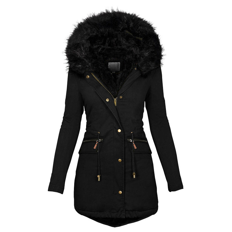 Women's Plush Hooded Parka - Winter Warm Zip-Up Coat with Pockets