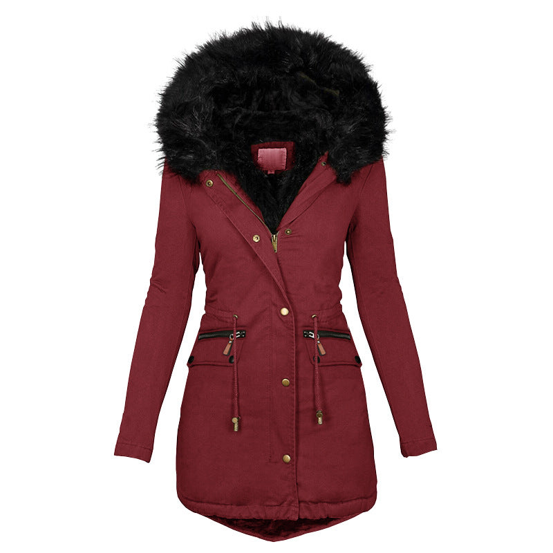 Women's Plush Hooded Parka - Winter Warm Zip-Up Coat with Pockets