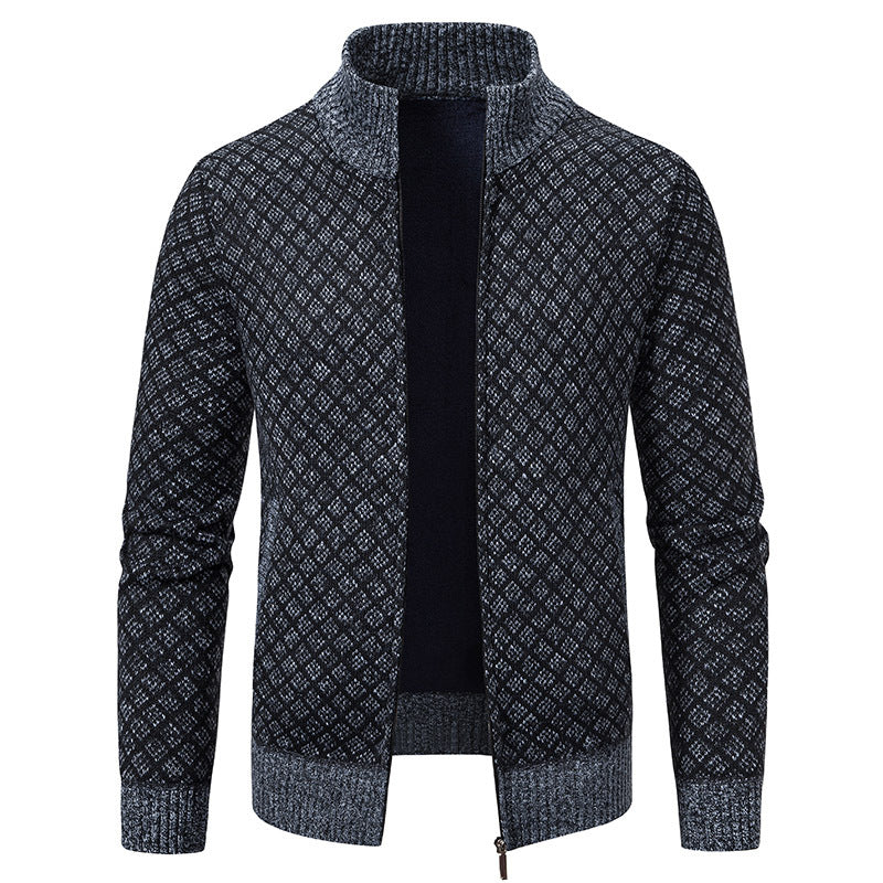 Men's Plaid Knit Cardigan - Thickened Winter Sweater with Zipper