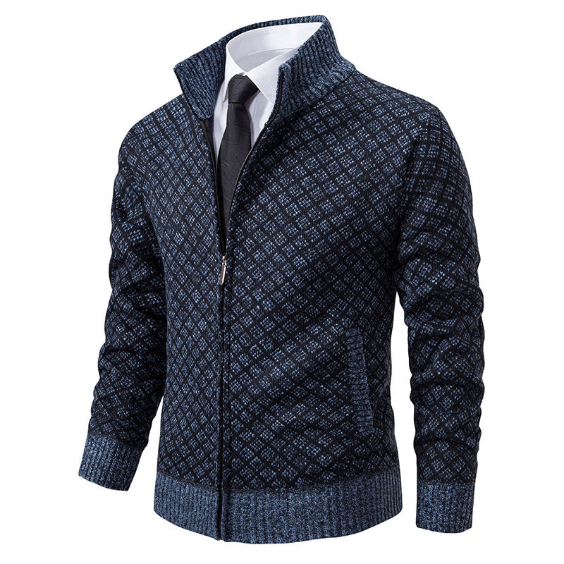 Men's Plaid Knit Cardigan - Thickened Winter Sweater with Zipper
