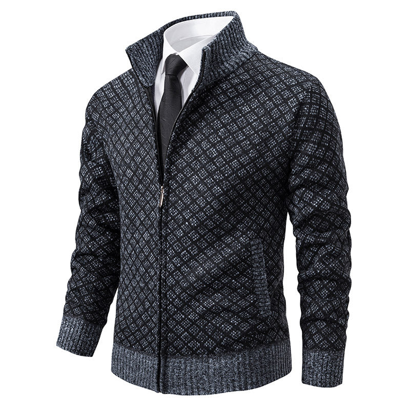 Men's Plaid Knit Cardigan - Thickened Winter Sweater with Zipper