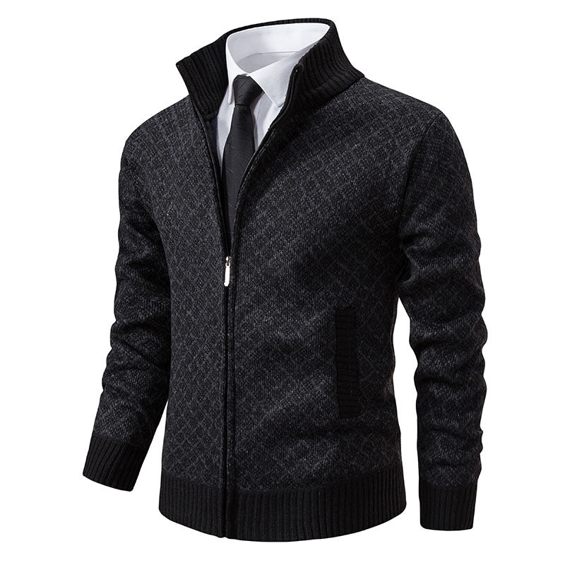 Men's Plaid Knit Cardigan - Thickened Winter Sweater with Zipper
