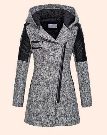 Women's Hooded Wool Coat - Diagonal Zipper Windbreaker Jacket