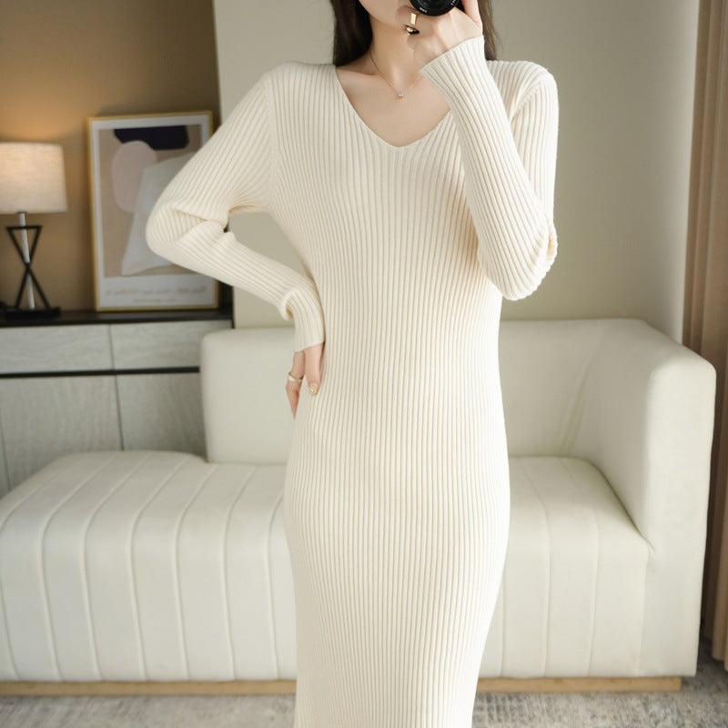Women's V-Neck Sweater Dress - Long Sleeve Slim Fit Knit Dress