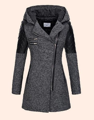 Women's Hooded Wool Coat - Diagonal Zipper Windbreaker Jacket
