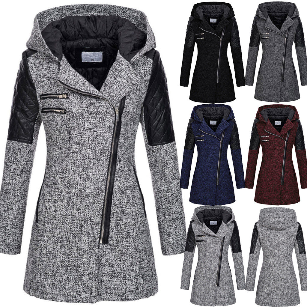 Women's Hooded Wool Coat - Diagonal Zipper Windbreaker Jacket
