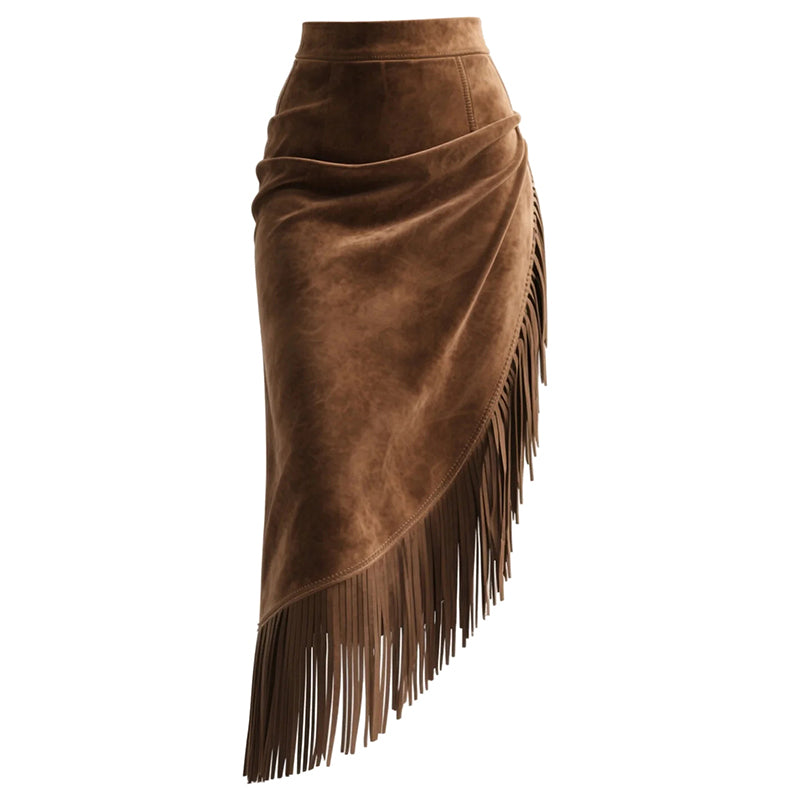 Women's Retro Western Fringe Skirt, Suede-Look Asymmetrical Hem Maxi Skirt For Vacation And Daily Wear