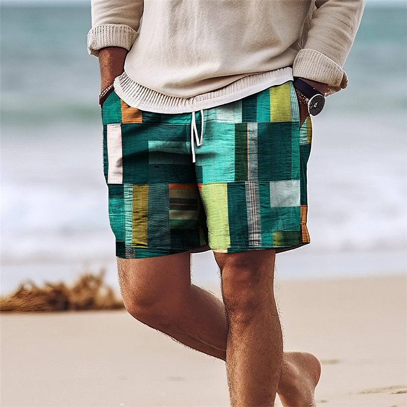 Men's Print Beach Shorts - Summer Drawstring Casual Shorts