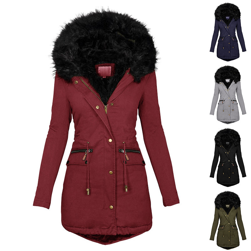 Women's Plush Hooded Parka - Winter Warm Zip-Up Coat with Pockets