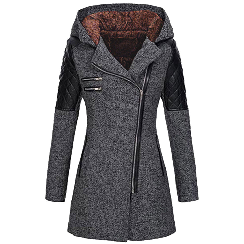 Women's Hooded Wool Coat - Diagonal Zipper Windbreaker Jacket