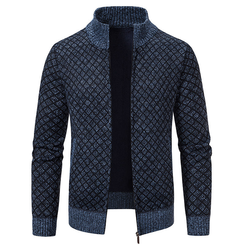 Men's Plaid Knit Cardigan - Thickened Winter Sweater with Zipper