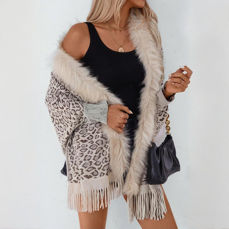 Women's Leopard Poncho With Faux Fur Collar - Fringe Hem Long Sleeve Open Front Cardigan Coat
