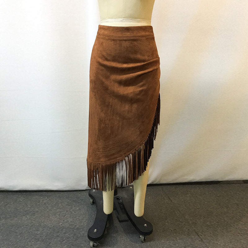 Women's Retro Western Fringe Skirt, Suede-Look Asymmetrical Hem Maxi Skirt For Vacation And Daily Wear