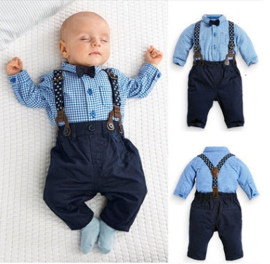 Boys Gentleman Suit Set - Plaid Shirt & Suspender Outfit