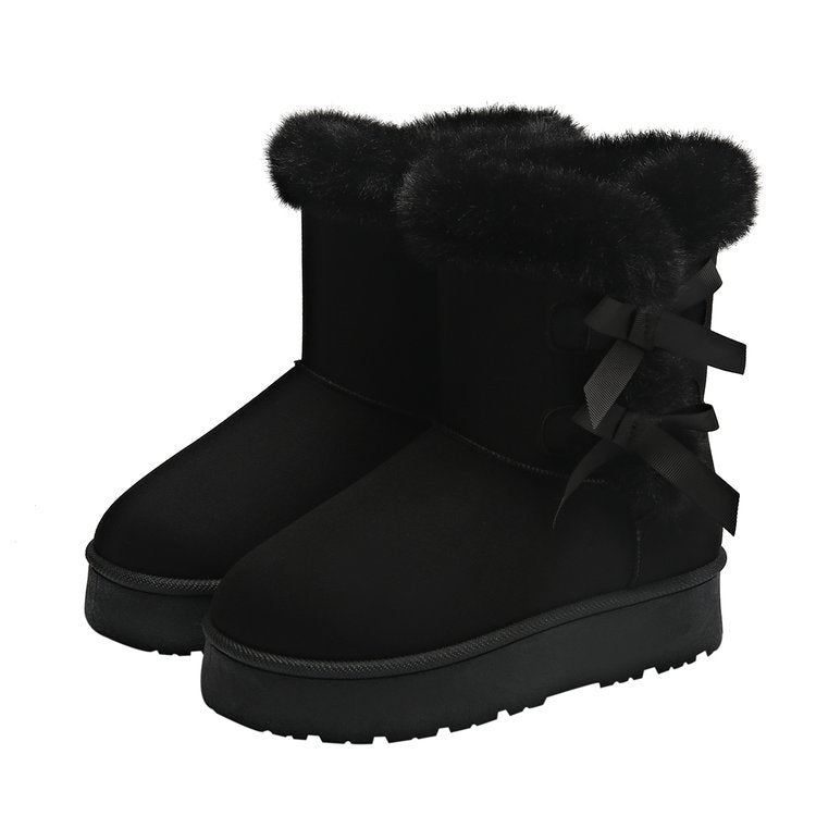 Women's Bow Fleece-Lined Ankle Boots - Warm Winter Comfort