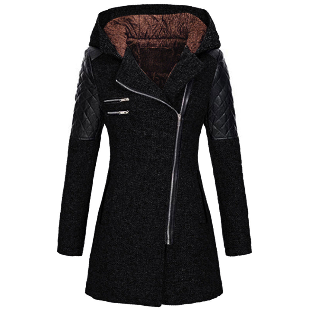 Women's Hooded Wool Coat - Diagonal Zipper Windbreaker Jacket