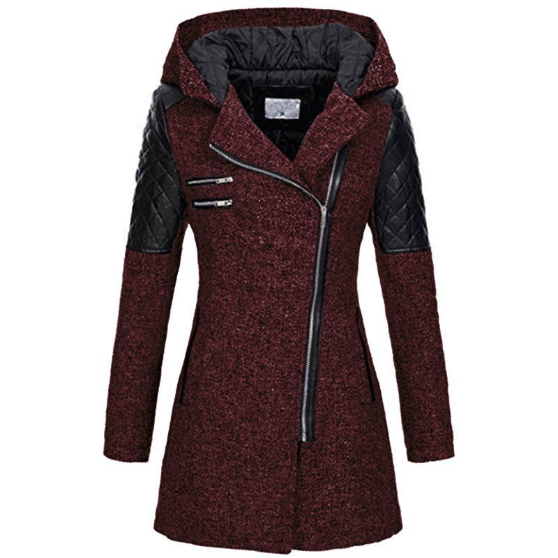 Women's Hooded Wool Coat - Diagonal Zipper Windbreaker Jacket