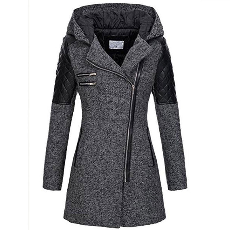 Women's Hooded Wool Coat - Diagonal Zipper Windbreaker Jacket