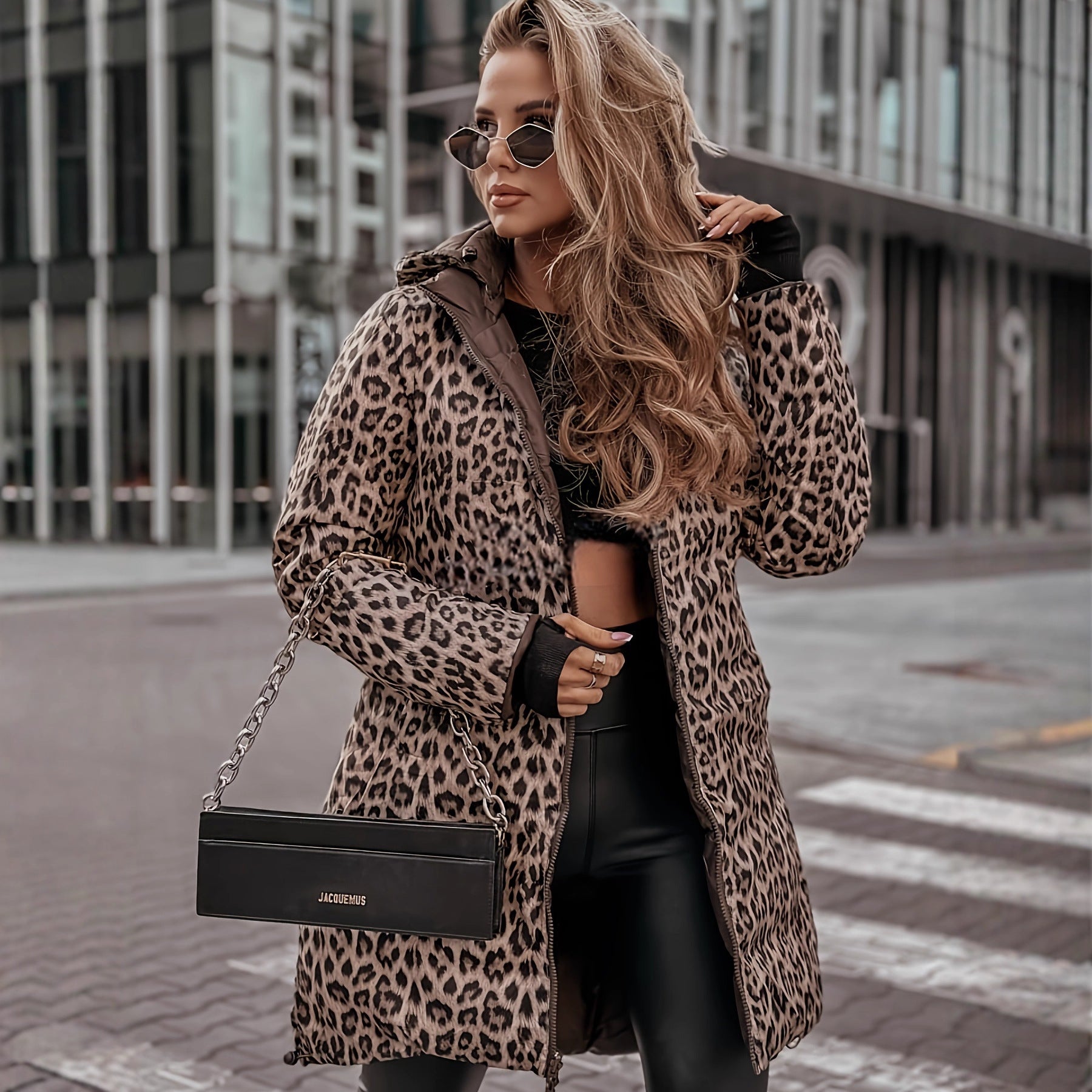 Women's Leopard Print Long Coat - Over-the-Knee Cotton-Padded Jacket