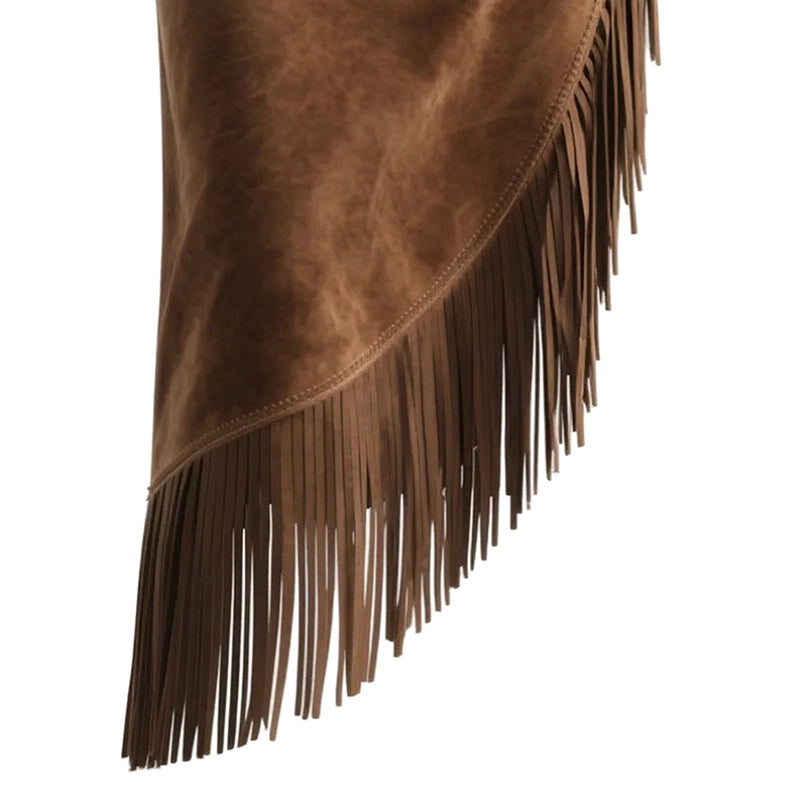 Women's Retro Western Fringe Skirt, Suede-Look Asymmetrical Hem Maxi Skirt For Vacation And Daily Wear