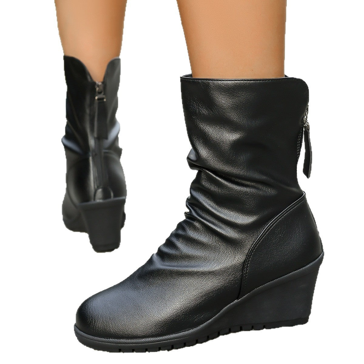 Women's Retro Wedge Heel Ankle Boots - Fur-Lined Pointed Toe Boots