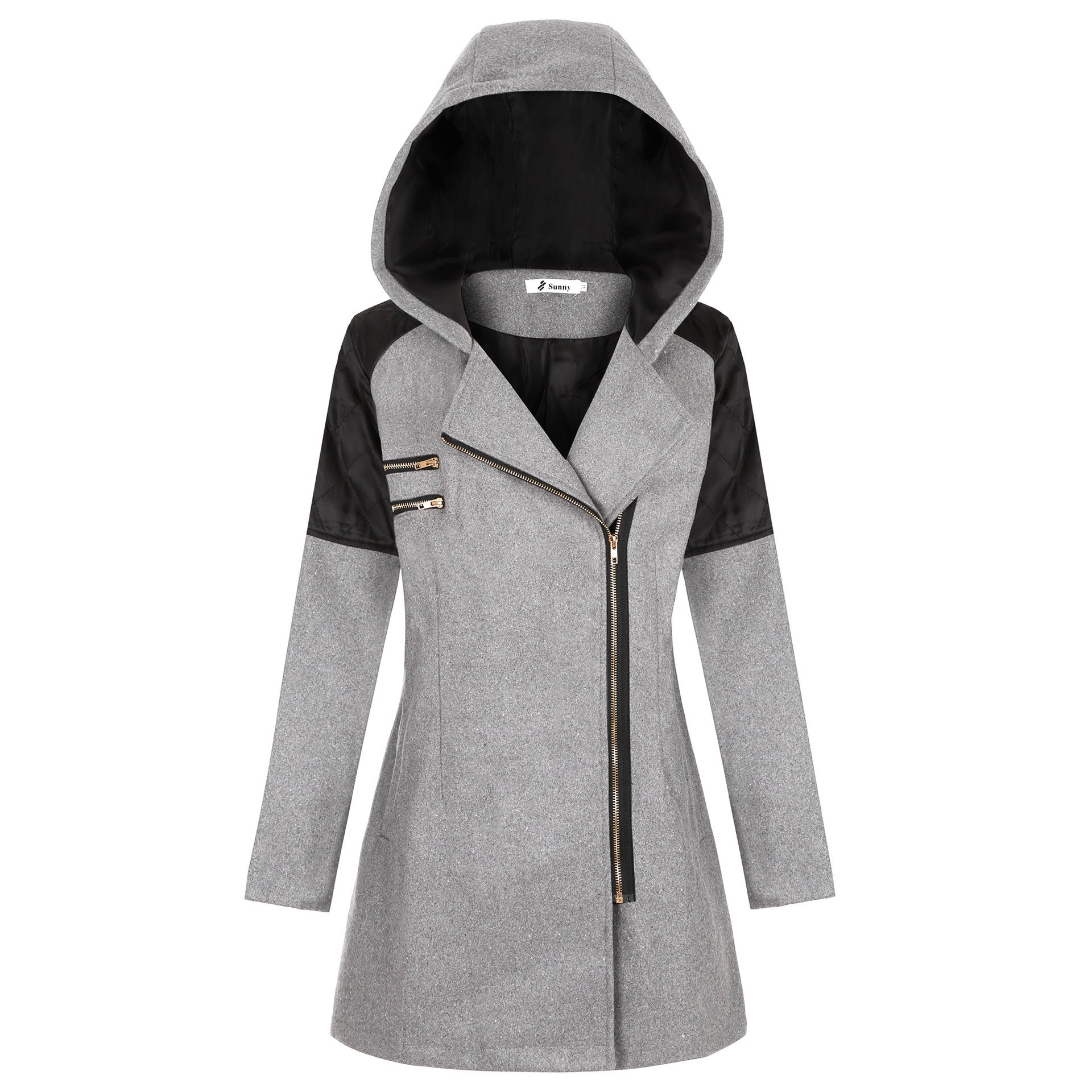 Women's Hooded Wool Coat - Diagonal Zipper Windbreaker Jacket