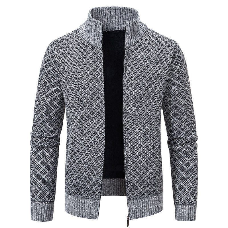 Men's Plaid Knit Cardigan - Thickened Winter Sweater with Zipper