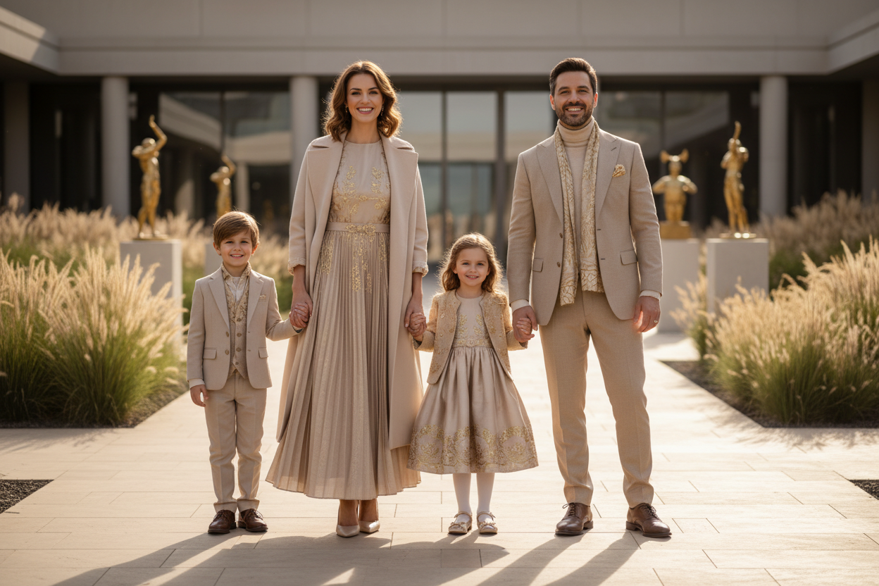 A happy stylish family wearing matching clothes, standing outdoors, modern luxury fashion vibe, soft beige and gold tones, bright and elegant lighting.