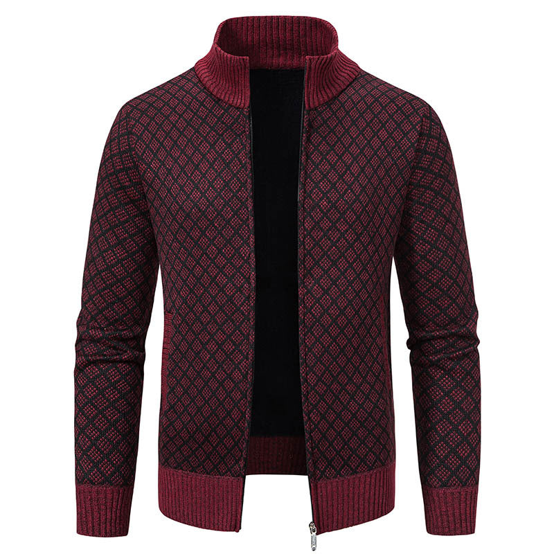 Men's Plaid Knit Cardigan - Thickened Winter Sweater with Zipper