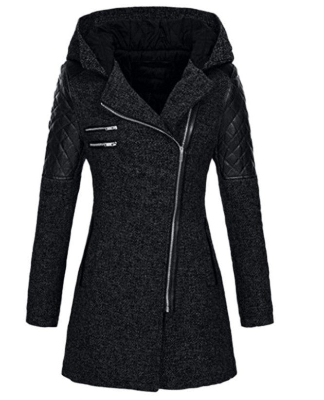 Women's Hooded Wool Coat - Diagonal Zipper Windbreaker Jacket