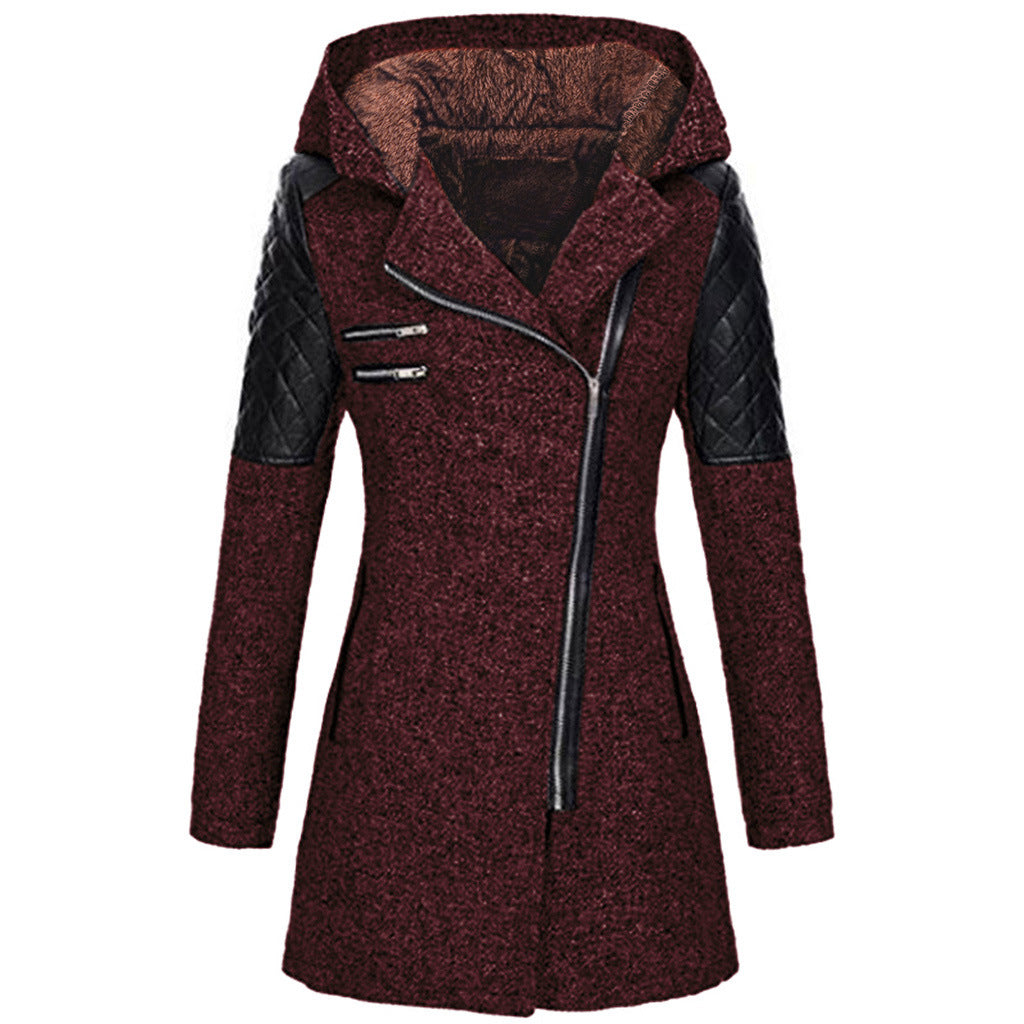 Women's Hooded Wool Coat - Diagonal Zipper Windbreaker Jacket