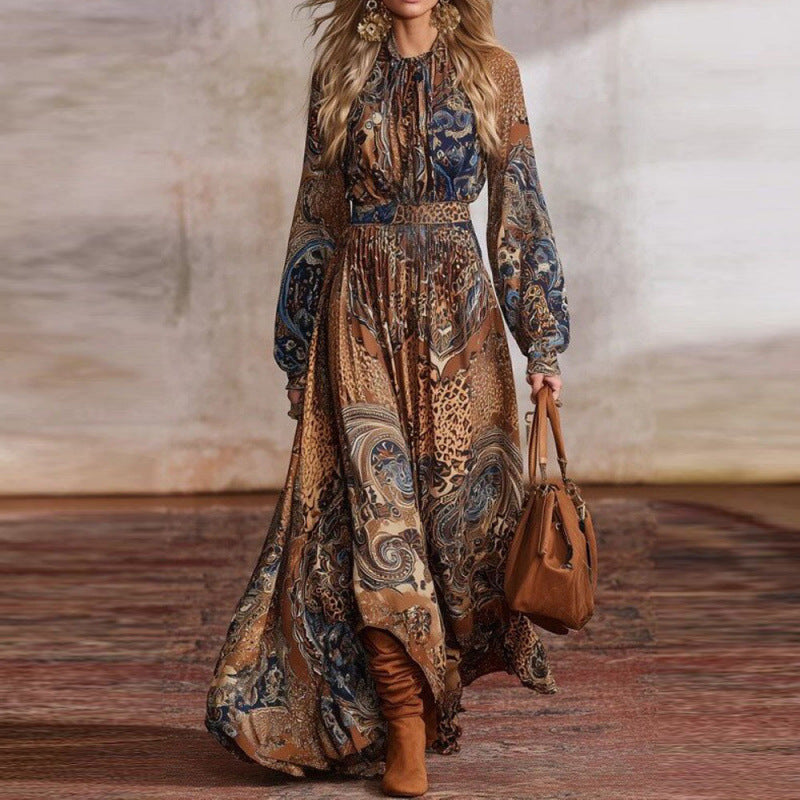 Bohemian-print Long-sleeve Figure-flattering Dress With Balloon Sleeves