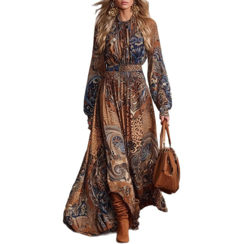 Bohemian-print Long-sleeve Figure-flattering Dress With Balloon Sleeves