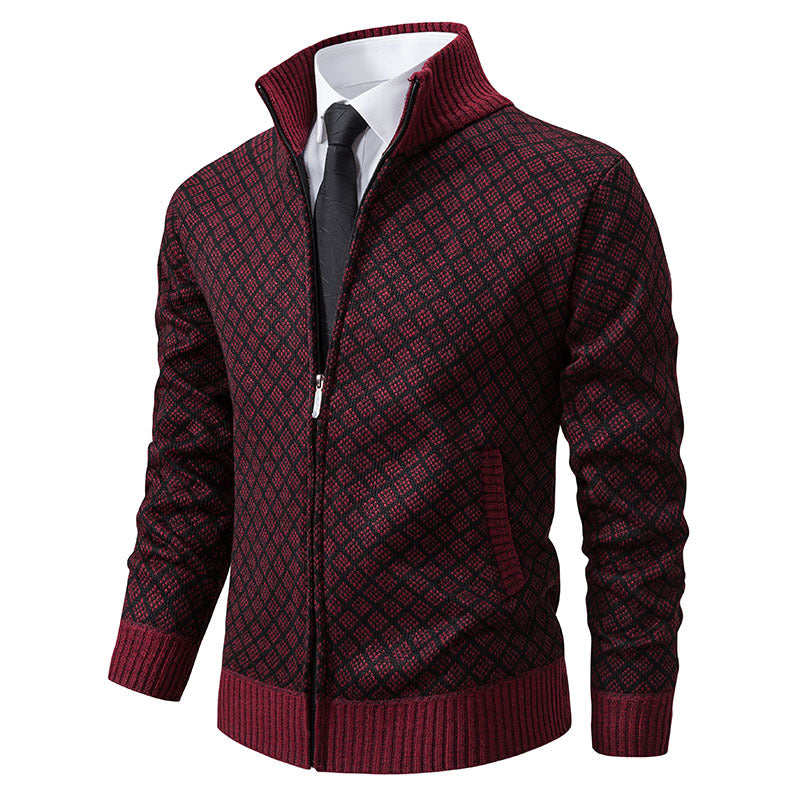 Men's Plaid Knit Cardigan - Thickened Winter Sweater with Zipper