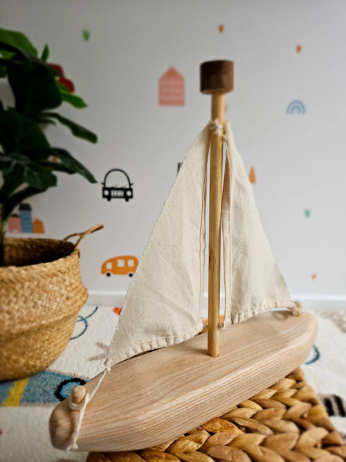QToys EcoVoyager Wooden Sailing Boat - Recycled Tree Toy for Kids