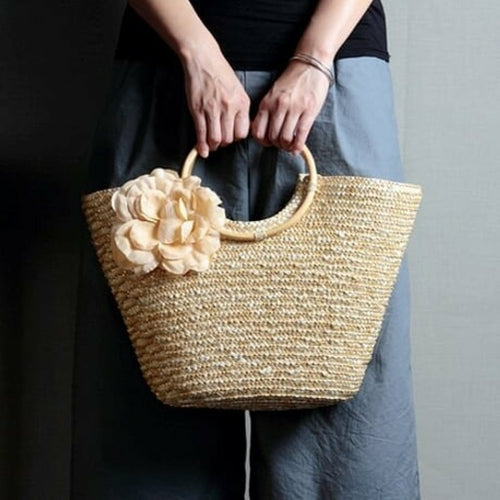 Woven Straw Tote Bag with Flowers - Natural Beach Summer Handbag