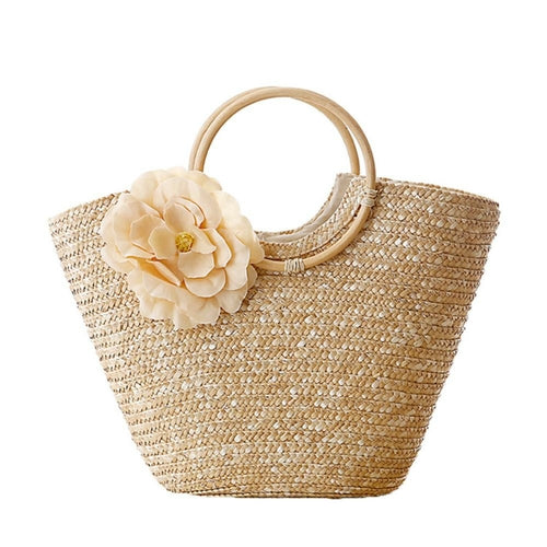 Woven Straw Tote Bag with Flowers - Natural Beach Summer Handbag