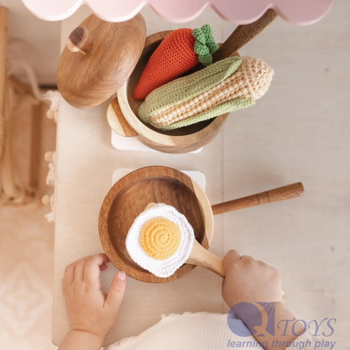 QToys Wooden Play Kitchen Set - Mahogany Pan & Pot with Utensils for Kids