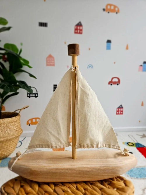QToys EcoVoyager Wooden Sailing Boat - Recycled Tree Toy for Kids