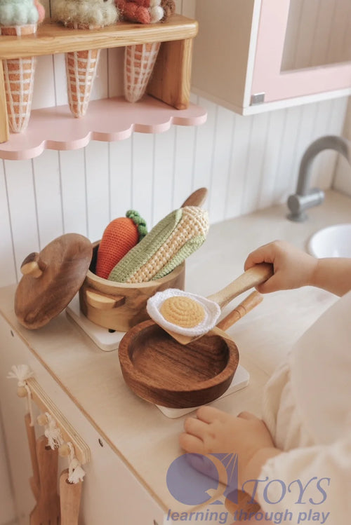 QToys Wooden Play Kitchen Set - Mahogany Pan & Pot with Utensils for Kids