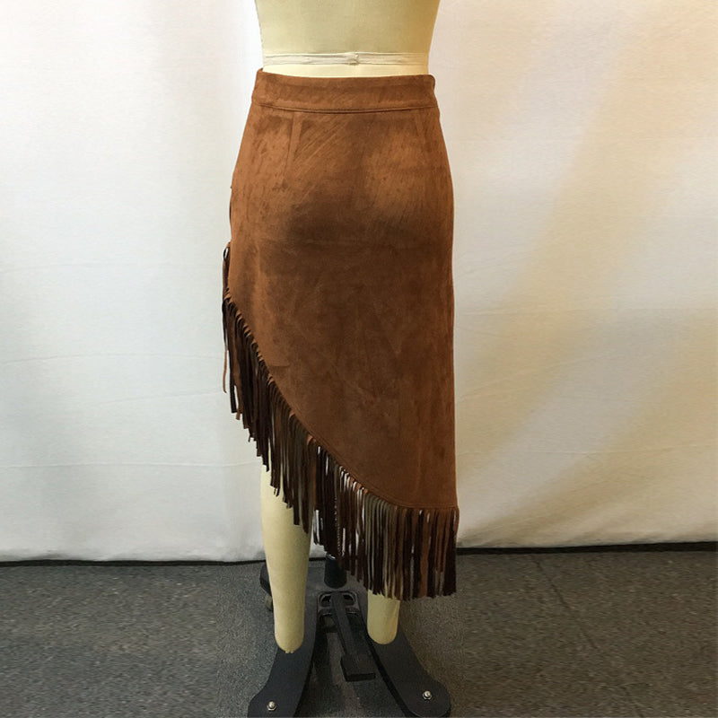 Women's Retro Western Fringe Skirt, Suede-Look Asymmetrical Hem Maxi Skirt For Vacation And Daily Wear