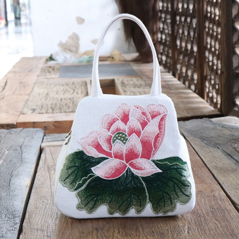 Ethnic-style Embroidered Floral Bag, Canvas Casual Bag, Handbag