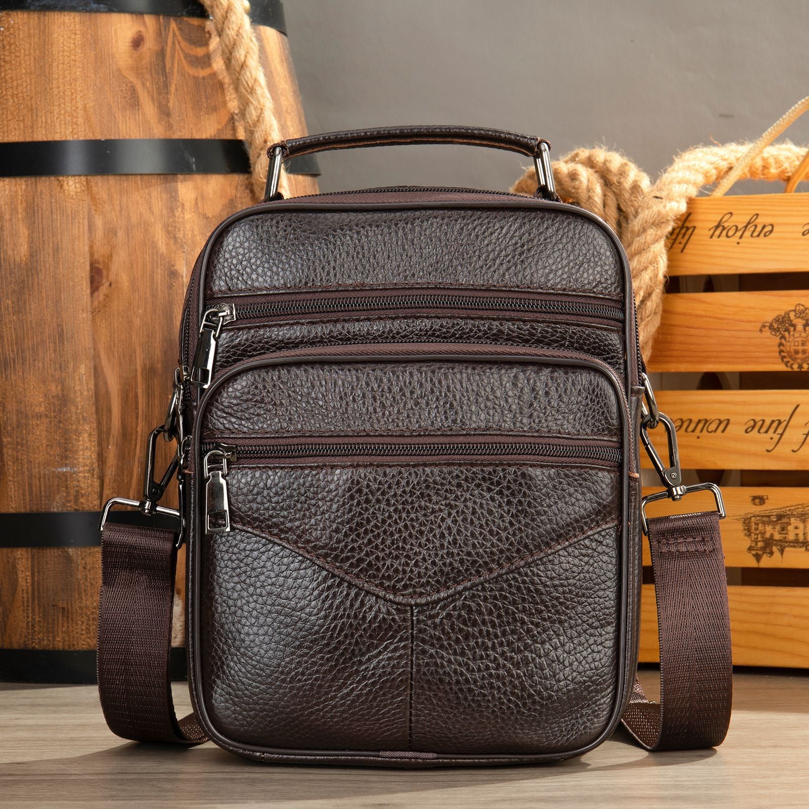 Men's Top Grain Leather Large Capacity Business Commuter Crossbody Bag Genuine Leather