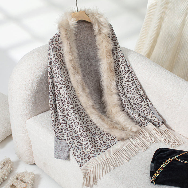 Women's Leopard Poncho With Faux Fur Collar - Fringe Hem Long Sleeve Open Front Cardigan Coat