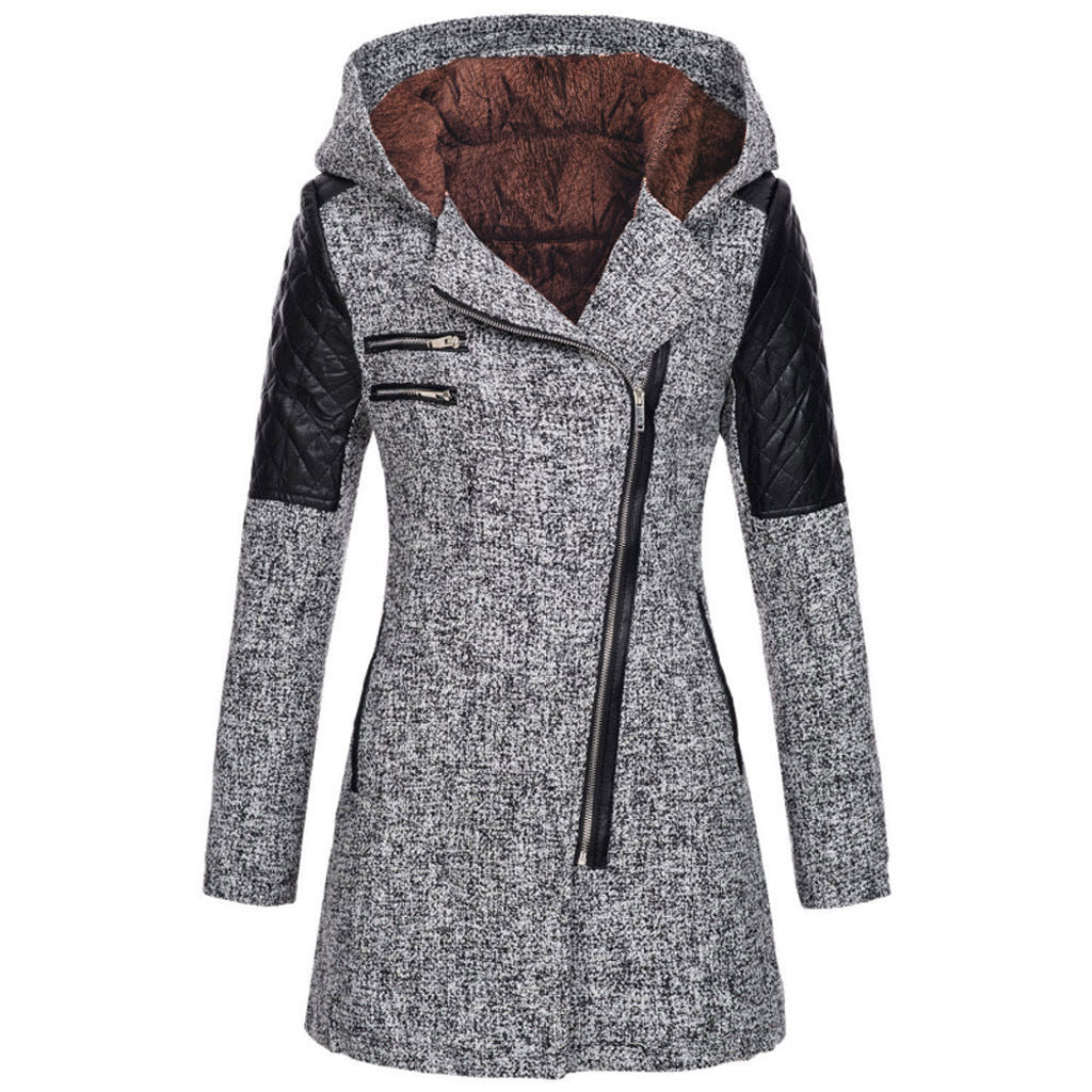 Women's Hooded Wool Coat - Diagonal Zipper Windbreaker Jacket